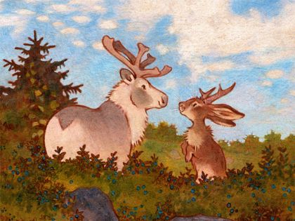 an illustration of a reindeer and a hare standing facing each other in a lush, green landscape. the reindeer is larger, with large antlers, and a light brown coat. the hare is smaller with small antlers, and a darker brown coat.  the background features a bright blue sky with clouds, green bushes and lowlying vegetation, suggesting a tundra or forest environment.  the style is whimsical and slightly cartoonish, with soft colors and a gentle mood. the scene suggests a peaceful encounter between the two animals.