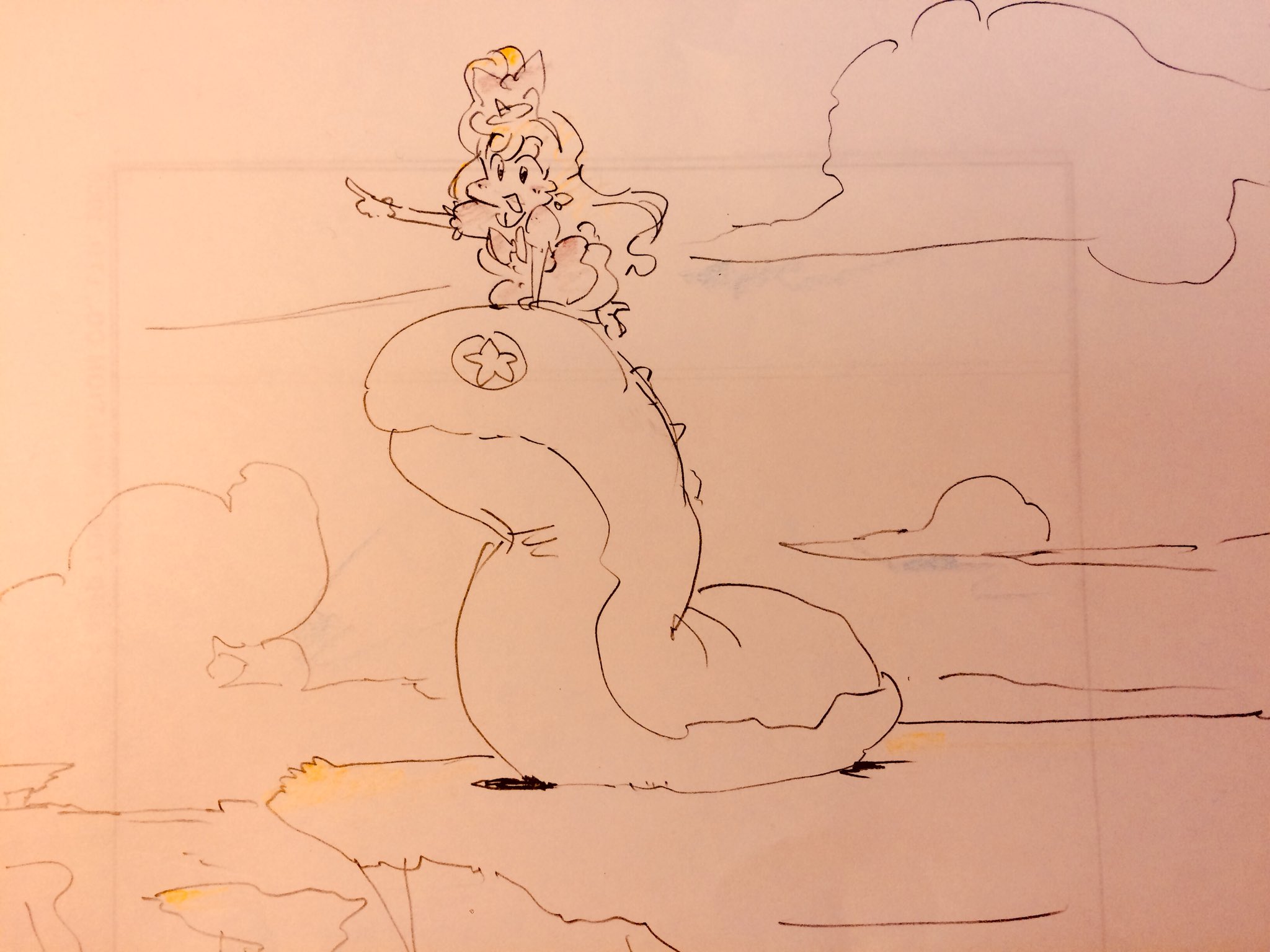 this is an illustration of a girl wearing a dress, riding a giant slug with a star on it's head in a field under a cloudy sky.