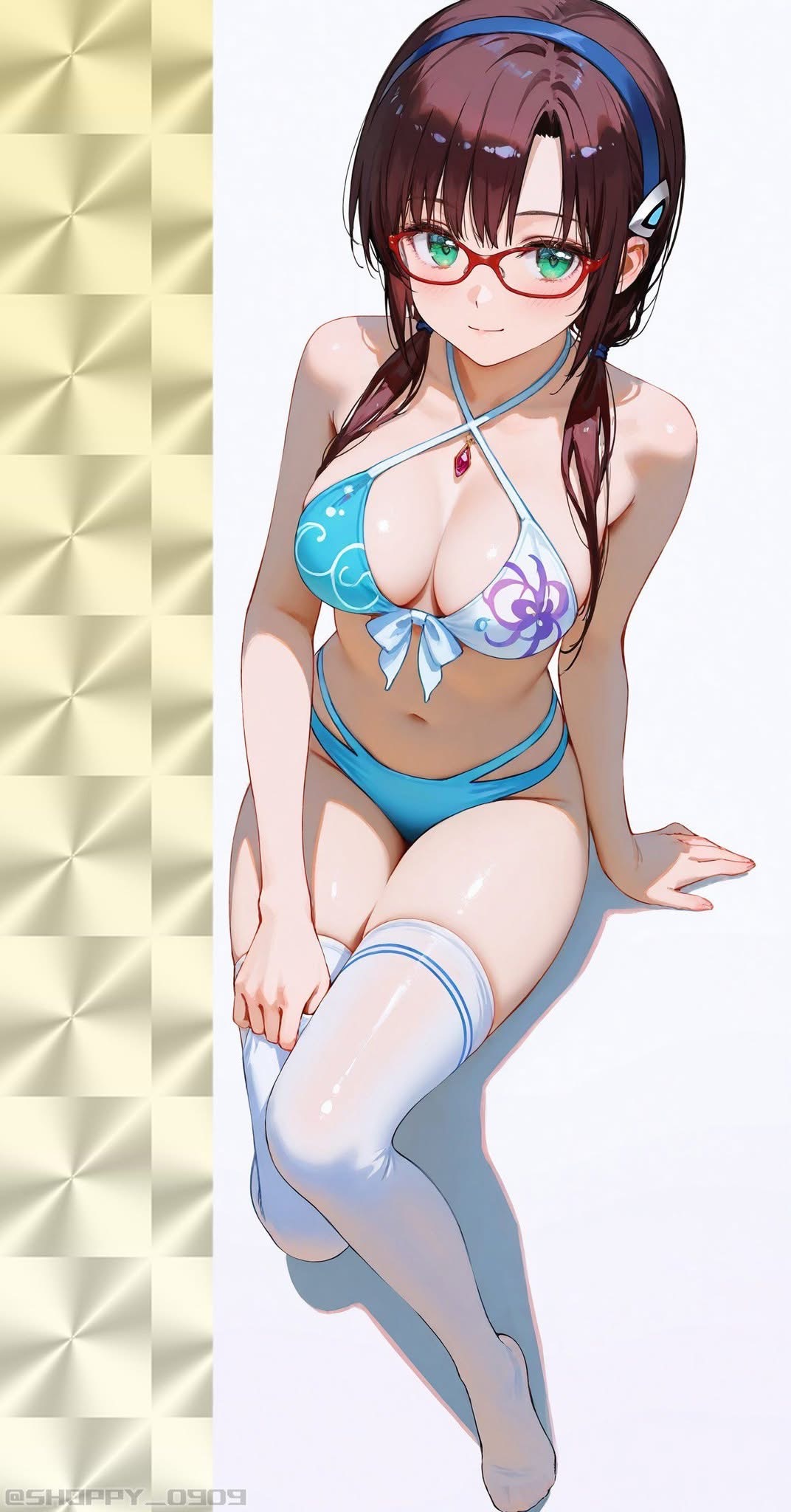an animestyle woman with brown hair, green eyes, and red glasses wearing a blue bikini and white thighhigh socks with blue stripes. she also has a blue headband. the background is a combination of gold and white.