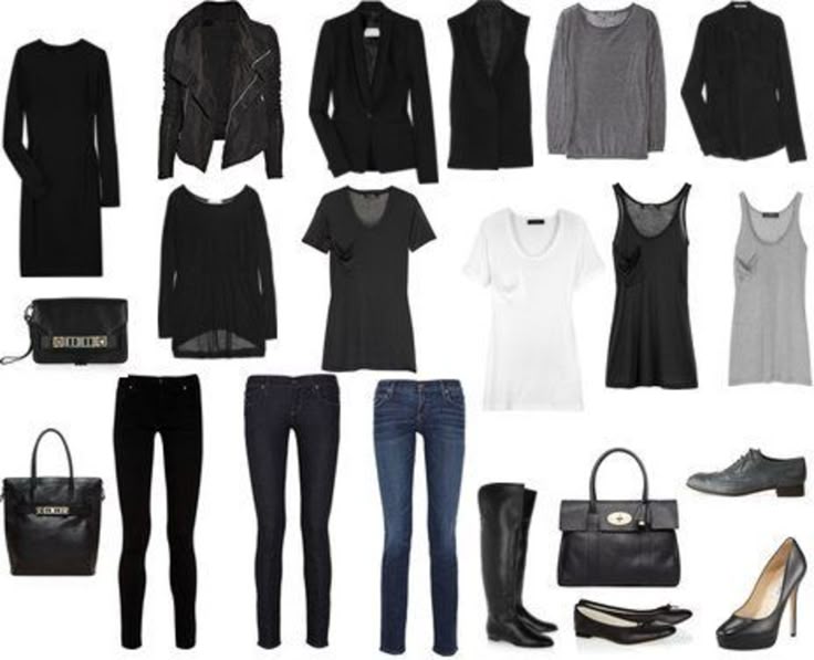 a collection of women's clothing and accessories is displayed against a white background. the assortment includes a black dress, a leather jacket, a blazer, a vest, a gray sweater, a black shirt, a white tshirt, a tank top in black and gray, jeans, black pants, handbags, a tote bag, kneehigh boots, flats, heels, and oxford shoes. the overall style leans towards a minimalist and modern aesthetic.