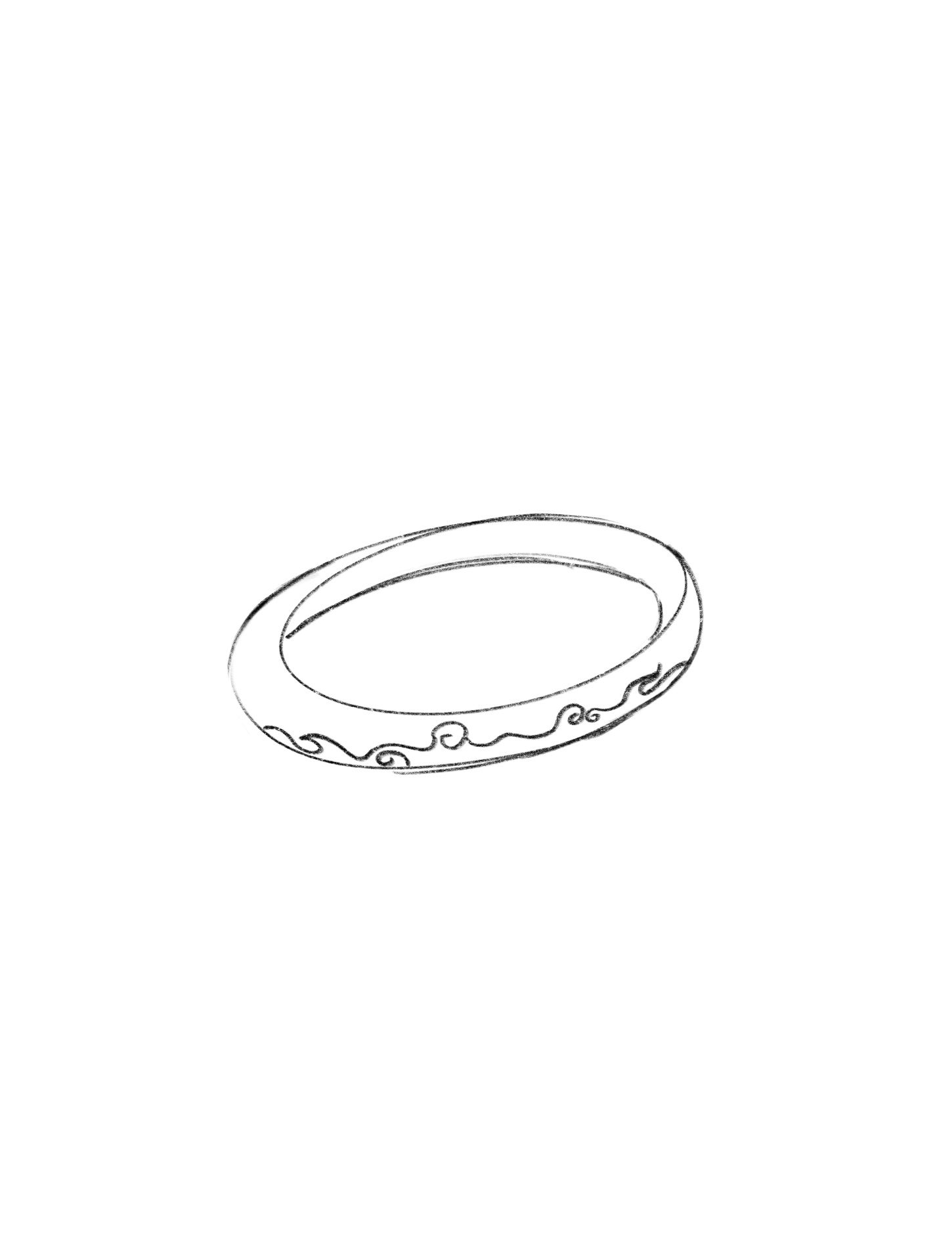 a sketch of a bracelet, likely worn on the wrist, showing a circular shape and some decorative wavelike patterns.