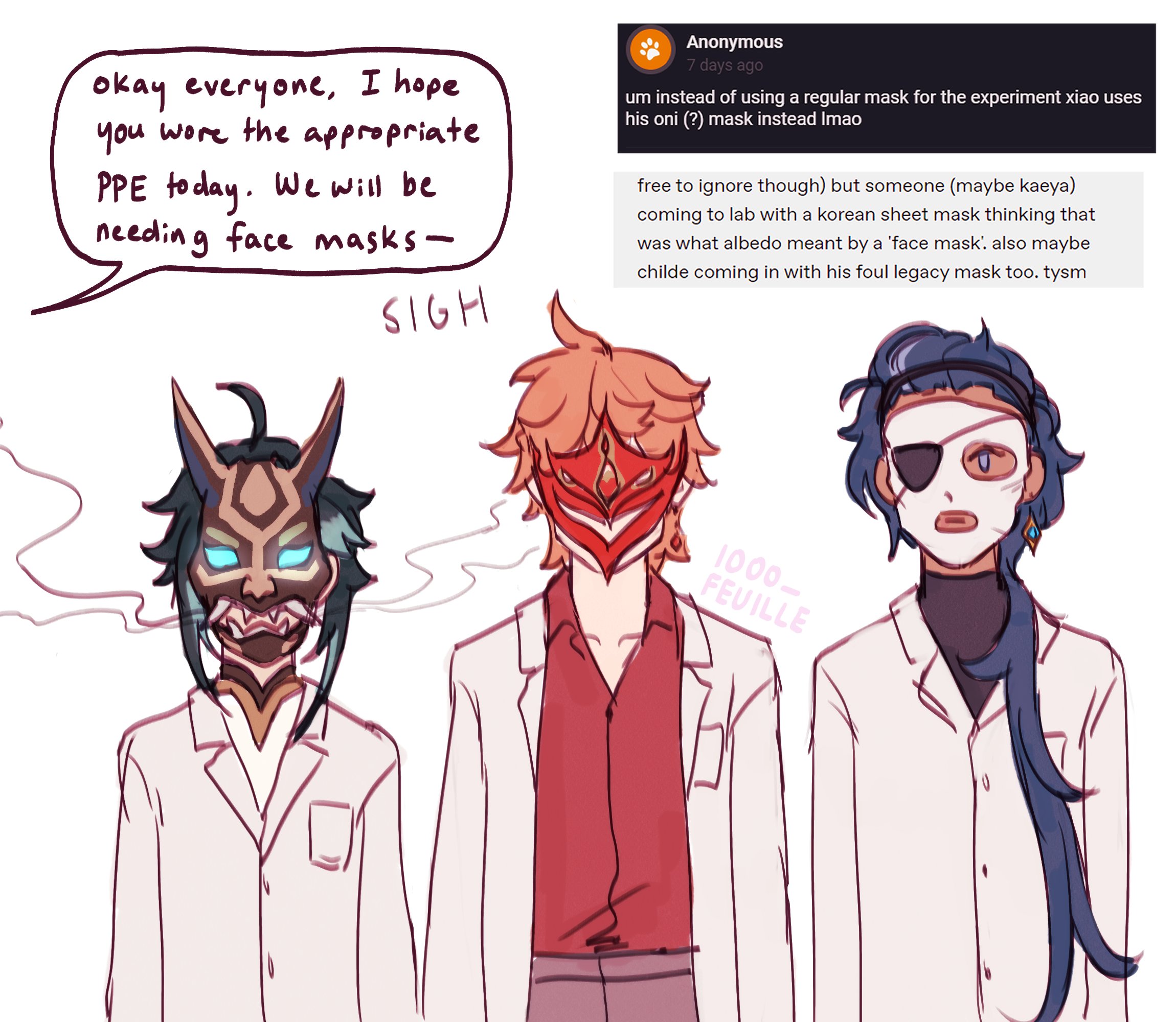this is a digital illustration of three anime characters from the game genshin impact. they are wearing white lab coats and masks. xiao is in the middle, with his oni mask, while the character on the left is albedo and the one on the right is kaeya. the caption is about the characters coming to the lab with different masks.