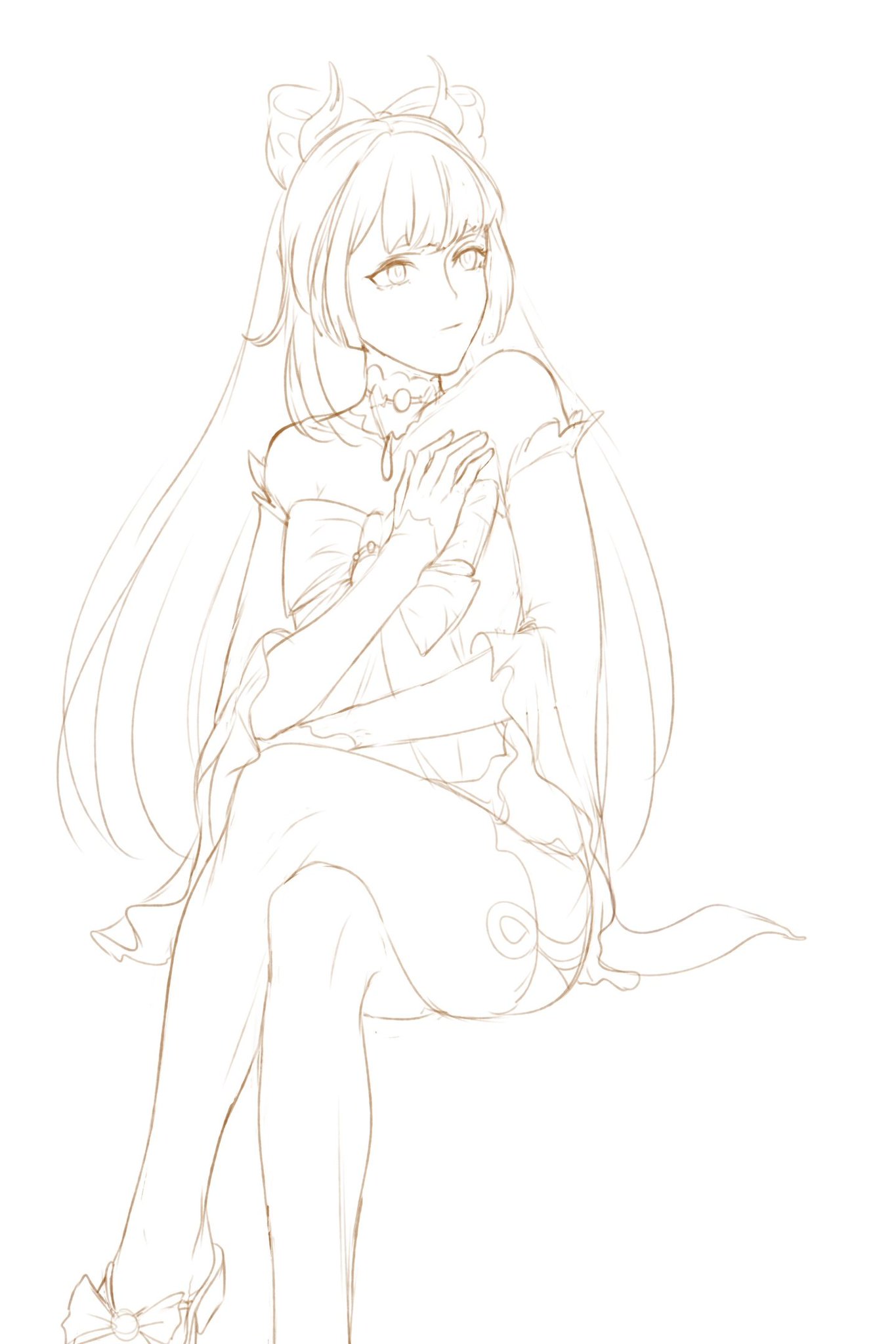 a line drawing of an anime girl with long hair sitting down wearing a dress. the girl is looking up and has a cute expression on her face. she is wearing a dress with a bow on the chest. the drawing is done in a light brown color on a white background.