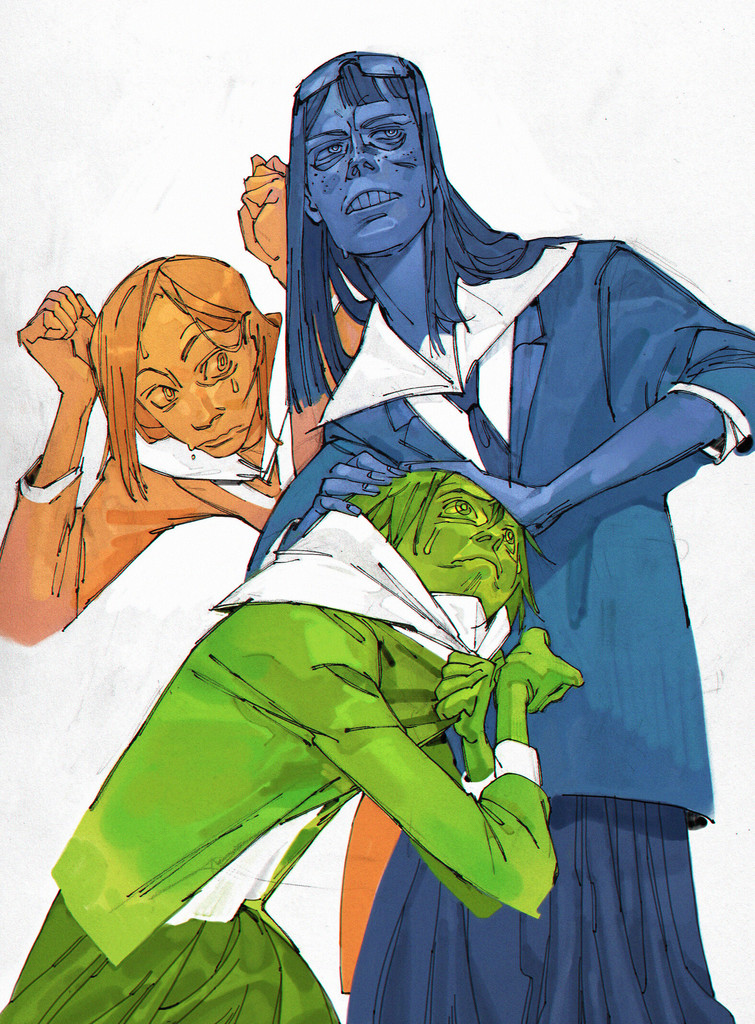 a digital illustration of three figures, potentially femalepresenting. all three are wearing what appear to be japanese school uniforms with sailorstyle collars. the figure in the back is colored blue, the figure to the left is colored orange, and the figure crouched down in the front is colored green. the blue figure is the tallest and positioned behind the other two; she seems to be grabbing the green figure. the orange figure is positioned behind the blue figure's left shoulder.