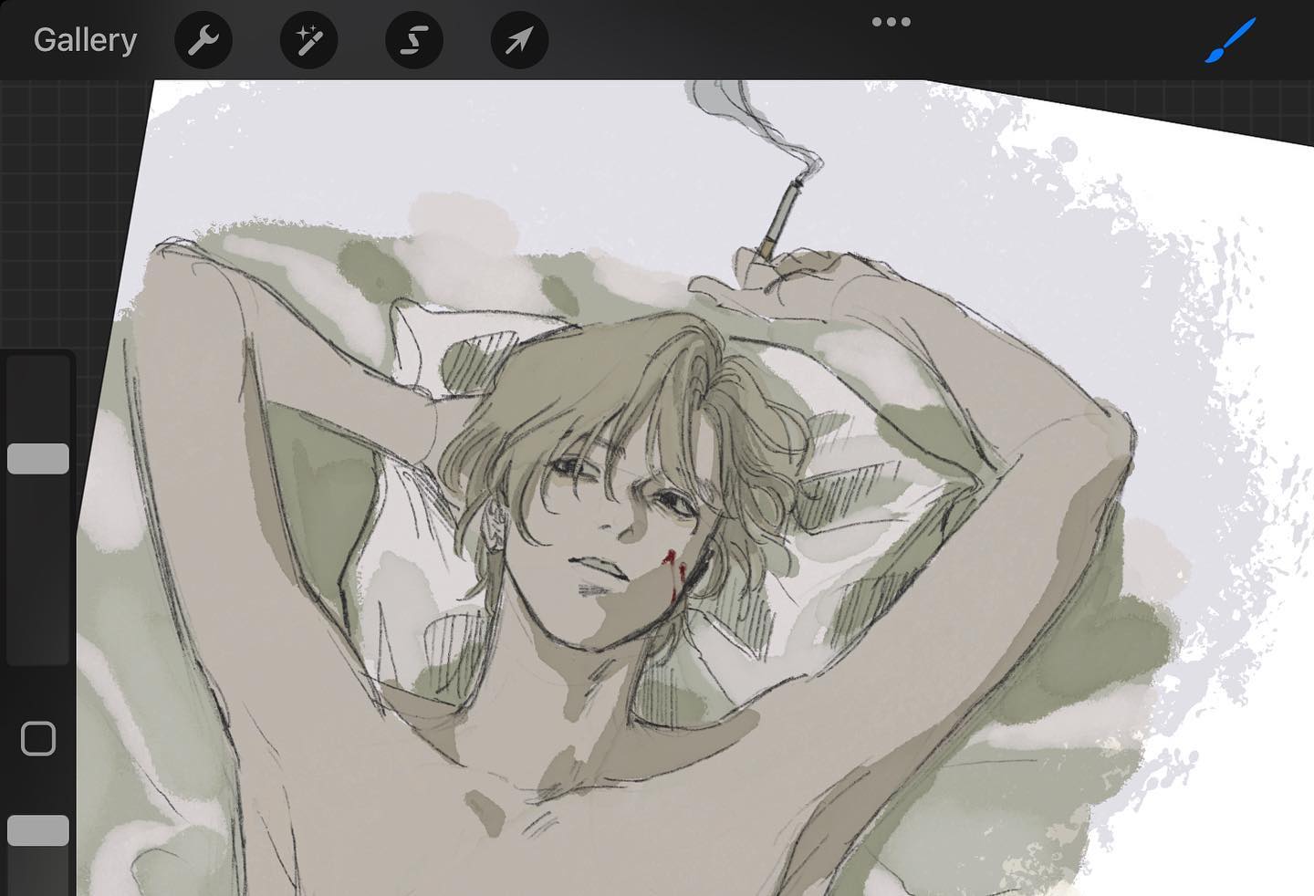 the image is a digital drawing or painting in a muted grayscale palette, strongly reminiscent of anime or manga style. it depicts a young, paleskinned blond man lying on his back in bed, his arms outstretched behind his head. he appears relaxed but also possibly melancholic or pensive. he holds a lit cigarette in one hand.  a small amount of blood is visible near his mouth, suggesting a minor injury. the art style is loose and expressive, with visible brushstrokes and textural elements, contributing to a moody and somewhat melancholic atmosphere. the background is blurry and indistinct, focusing attention on the figure. a portion of the procreate app interface is visible in the upper left corner, indicating the image was likely created using that digital art software.