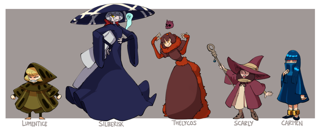this is a digital illustration of 6 female cartoon characters. each character appears to be a magical character, dressed in different colorful robes, hats, and cloaks. they all have unique features and expressions, suggesting different personalities. each character is labeled with their name. they are all standing on a gray background.