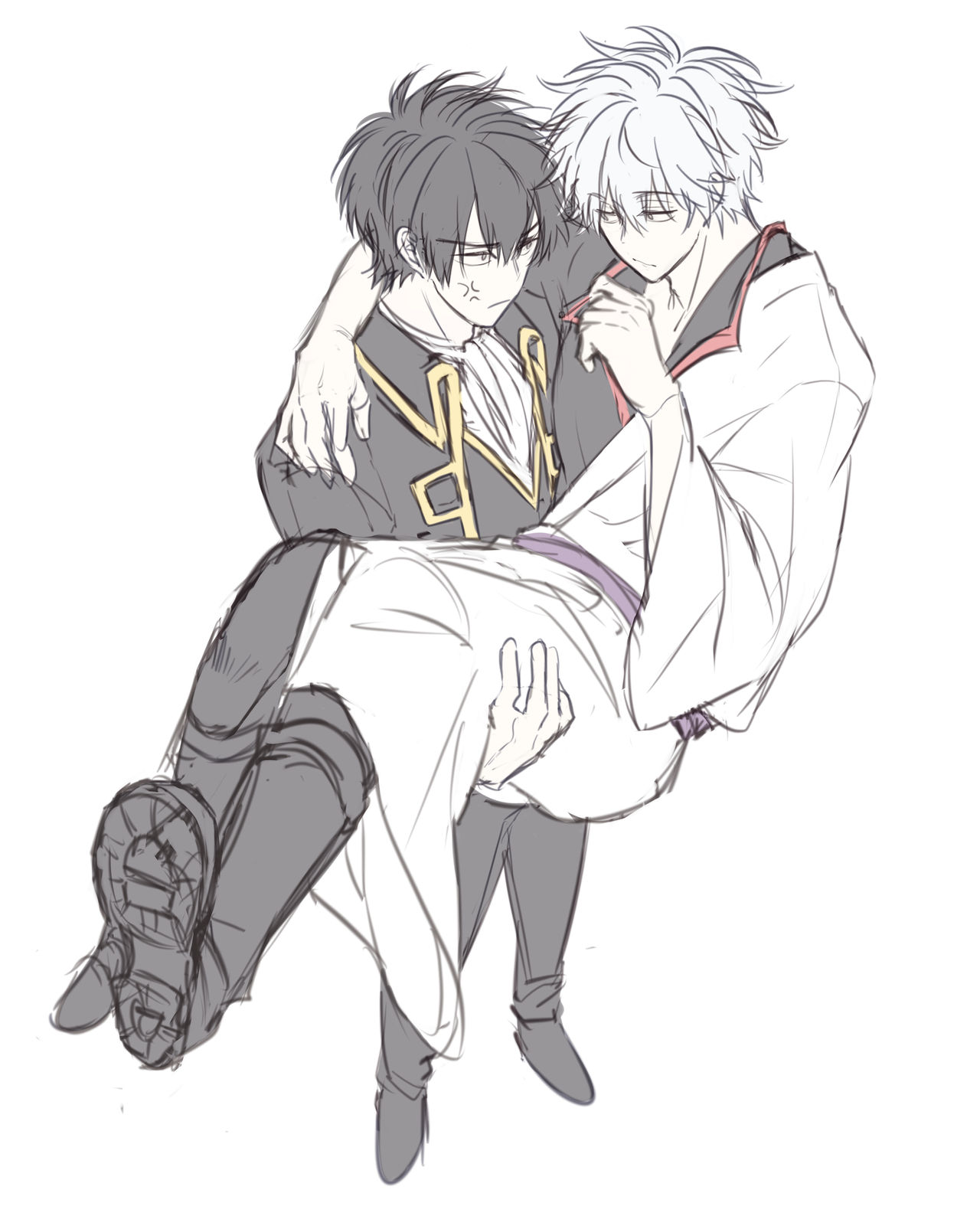 a drawing of two anime boys, one with black hair holding the other with white hair. they are both blushing, and it looks like