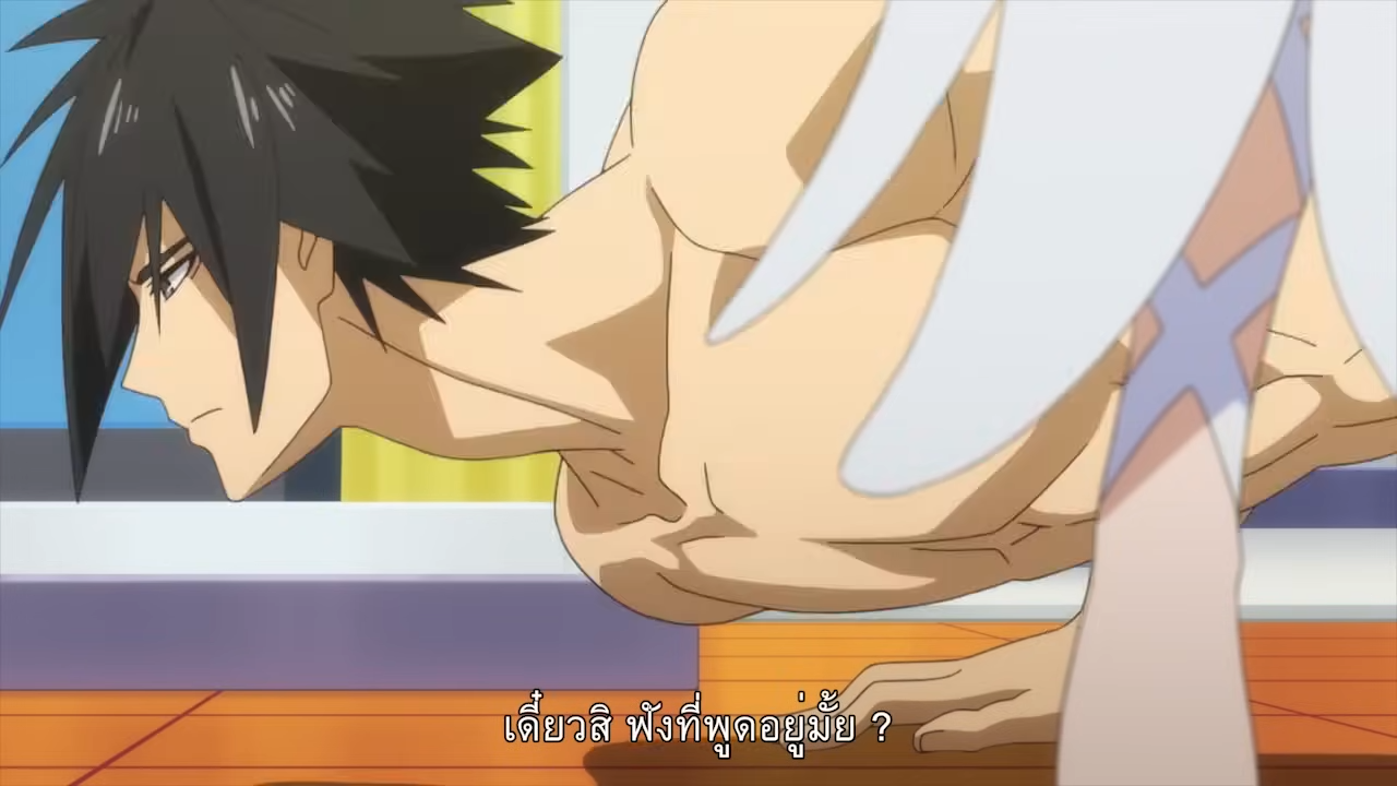 the image shows a muscular man with dark hair doing pushups. a woman with white hair and thigh highs is lying on his back. the scene takes place indoors, potentially in a bedroom, as indicated by the wooden floor and yellow wall tiles in the background.  the lighting is soft and the overall color palette is warm.