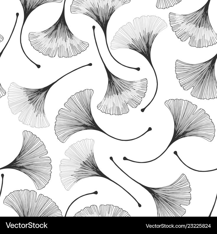 a seamless pattern of ginkgo leaves in a black and white line art style on a white background. the leaves are stylized with detailed venation.