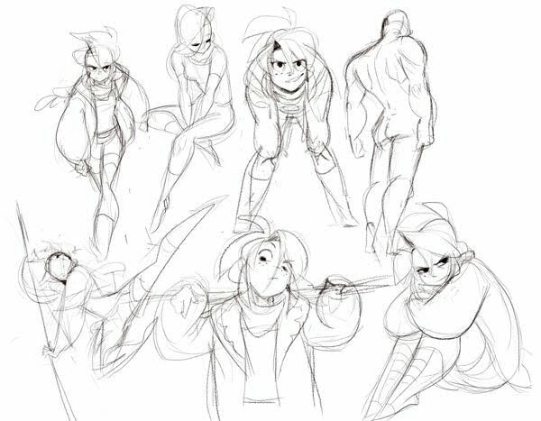 a black and white sketch of eight different cartoon characters. the characters are in various poses and expressions.  the characters are all drawn in a simple style with thick black outlines.  there is one character standing, one sitting, and the others are in various poses midaction.