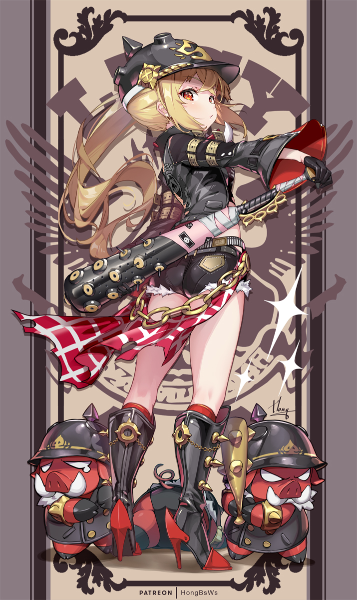 this artwork features a blonde anime girl in a red and black outfit with a futuristiclooking bat and sword, standing with her legs crossed, her right foot is wearing a high heel boot, her left foot is wearing a kneehigh boot, and her left arm is holding a sword. in the background, there is a brown, ornate frame with a symbol of a military wings, and a brown design in the background. at her feet, there are two piglike figures, one with a gun and the other with a stick, both wearing black and red uniforms.  the art is done in a cartoon style and is vibrant and colorful.  the character is drawn in a very dynamic and expressive way.
