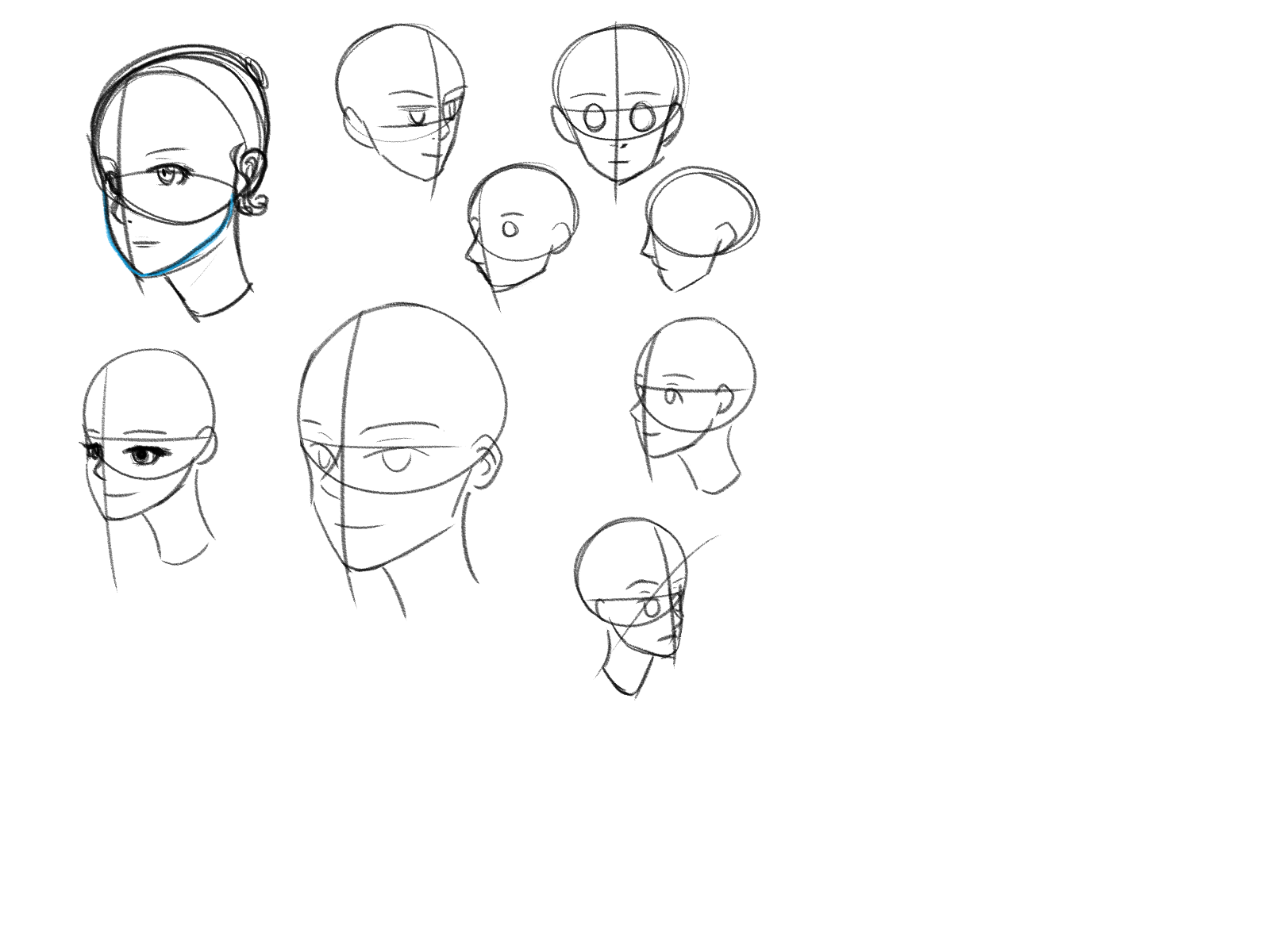 the image contains a collection of pencil sketches focusing on different views and construction methods for drawing heads, predominantly in an anime or manga style. the sketches range from basic shapes and construction lines used to guide the drawing of the head (e.g., circles, lines dividing the face into sections) to more refined depictions of faces in front, profile, and threequarter views.  some sketches include details like eyes, eyebrows, and noses, while others are simpler representations of head shapes and proportions. the style suggests an artist's practice or study of head anatomy and form for drawing purposes.