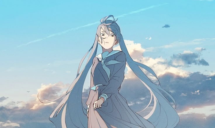 the image is a digital illustration or artwork depicting an animestyle girl with long, flowing light blue hair. she's wearing a school uniform with a sailor collar, predominantly in shades of blue and gray. the girl has a calm and somewhat wistful expression. the background is a beautifully rendered sky filled with soft, pastelcolored clouds. the overall mood is serene and peaceful, with a sense of gentle movement suggested by the wind in her hair. the art style is soft and dreamy, characteristic of many contemporary anime illustrations.