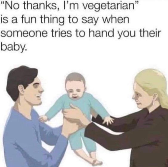 the image is a meme featuring a cartoon depiction of a man and woman attempting to hand off their baby to someone. above the illustration is text that reads, "no thanks, i'm vegetarian" is a fun thing to say when someone tries to hand you their baby. the humor comes from the unexpected and absurd response to the gesture of handing someone a baby.