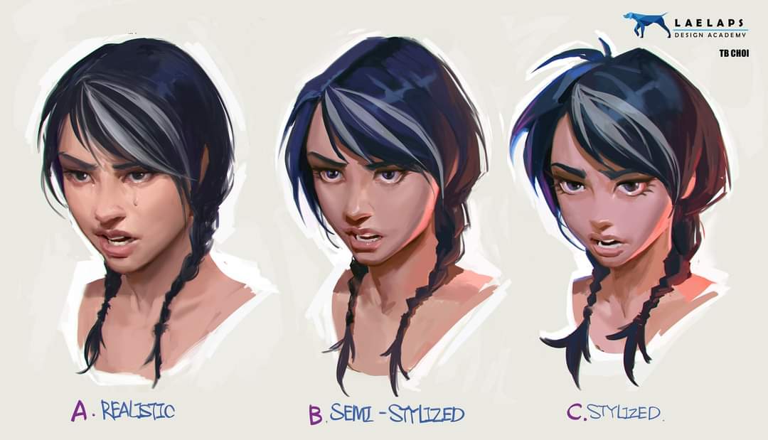 the image displays three digital paintings of a young woman's head and shoulders.  each painting shows the same character with the same hairstyle (dark hair with a grey streak and braids) but with a different level of stylization. a (realistic): the first painting presents a realistic portrayal of the character, showing fine details and a more natural rendering.  her expression is one of sadness and anger; she's crying. b (semistylized): the second image is semistylized, maintaining a degree of realism but simplifying some details and exaggerating features slightly. her expression is still angry. c (stylized): the third painting demonstrates a fully stylized approach. the details are simplified further, with stronger lines and bolder color choices.  the expression is more pronounced, looking angry.the paintings are labeled a, b, and c, respectively, with their style (realistic, semistylized, stylized) indicated below.  a logo for laelaps design academy and the artist's name, tb choi, are present in the upper right corner. the overall purpose seems to be demonstrating various stylistic approaches to character art within a design academy context.