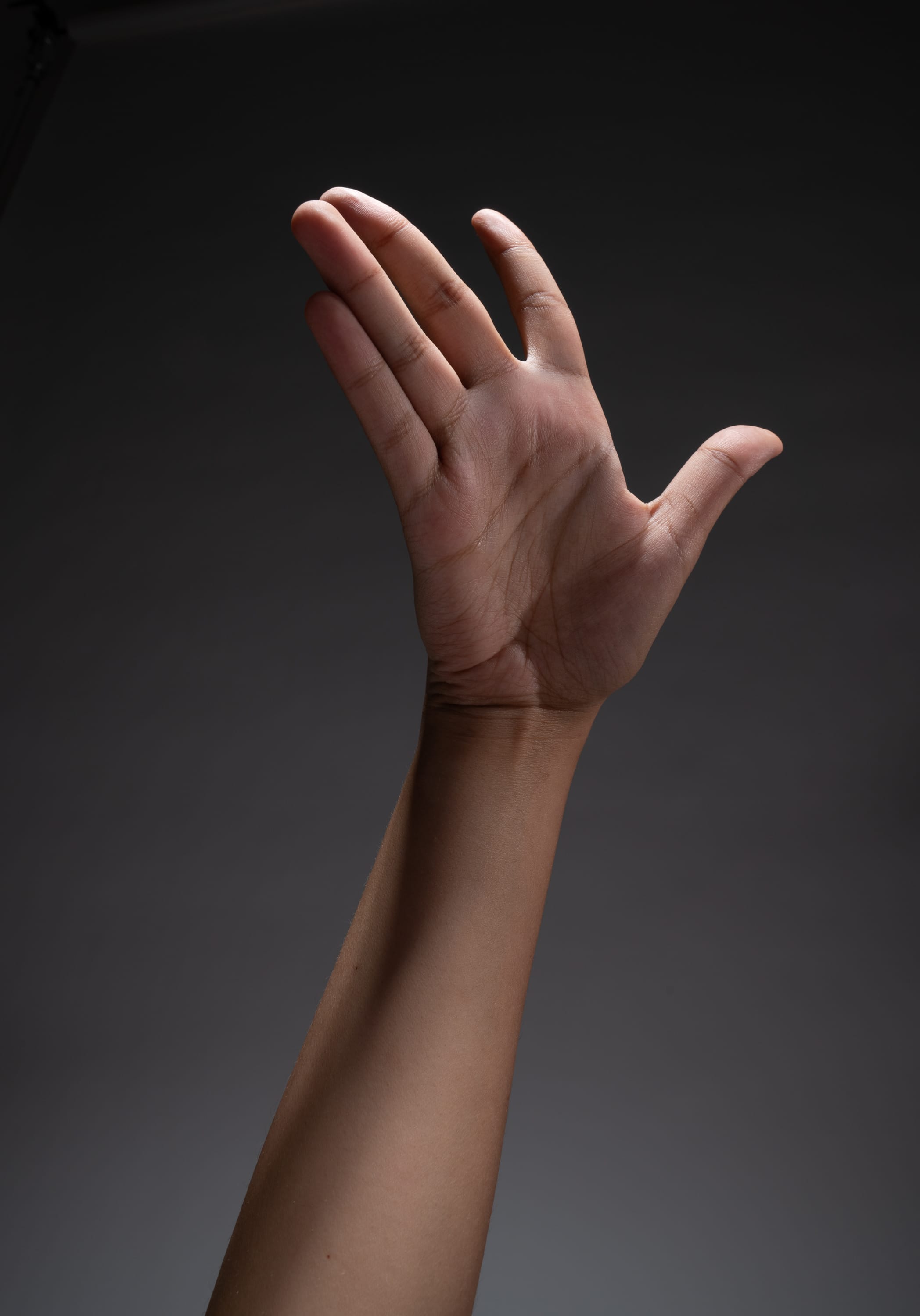 a left hand and arm is extended upward against a gray background.  the hand is open and fingers spread apart.  the image is lit from the side, creating shadows and highlighting the texture of the skin.