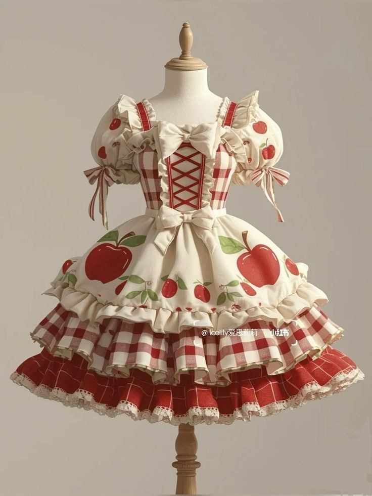 the image showcases a charming lolita fashion dress displayed on a mannequin. the dress, designed in a whimsical cottagecore aesthetic, features a cream bodice adorned with red apple prints and a playful gingham pattern in red and white on the skirt and accents. the dress boasts delicate puff sleeves, a sweetheart neckline, and a tiered skirt with intricate lace trim, embodying a sweet and playful style.
