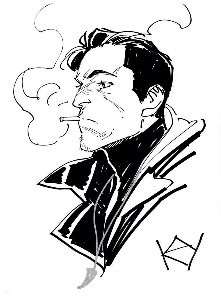 the image is a black and white ink sketch or drawing of a man's head and shoulders. he appears to be smoking a cigarette, and his expression is serious and somewhat brooding. he's wearing a dark coat or jacket. the style is expressive and somewhat rough, characteristic of comic book art or graphic novel illustration.  there's a stylized smoke effect around his cigarette. an artist's signature is visible in the bottom right corner. the overall tone is cool and slightly edgy.