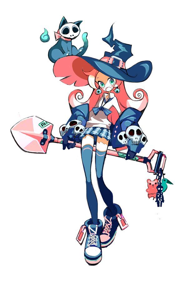 this is a colorful illustration of an animestyle girl dressed as a witch. she has long pink hair, a pink and blue witch's hat, and is wearing a blue and white school uniform. she holds a shovel with a pink handle and a blue blade that has the word "fill" written on it. she has a black cat with a skull on its head and is holding a blue flame. the girl has on black leggings and pink and blue shoes. she also has a charm on her shovel that is a pink teddy bear. this cute and stylish character is drawn in a vibrant and eyecatching way.