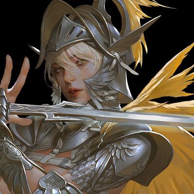 the image presents a striking digital painting of a female angel warrior. she is clad in intricately designed armor, adorned with feathers, showcasing a blend of strength and ethereal beauty. the warrior holds a gleaming sword, her determined expression emphasized by dramatic lighting. the background is dark, further highlighting the character and her ethereal presence.