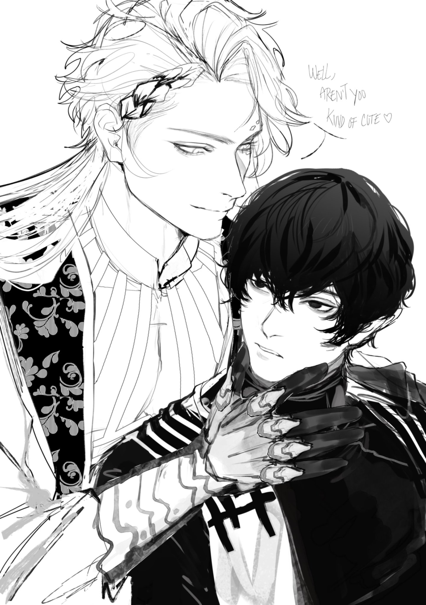 a black and white anime illustration of two young men, one with long, flowing white hair and the other with short, dark hair, standing close to each other. the man with white hair is dressed in a fancy outfit with a large collar. he is holding the other man, who is wearing a jacket with a large collar, in his arms. the man with white hair has a hand on the other man's chin and seems to be looking down at him, while the man with dark hair looks up at the other man with a soft expression.  a thought bubble above the man with white hair reads "well, aren't you kind of cute."