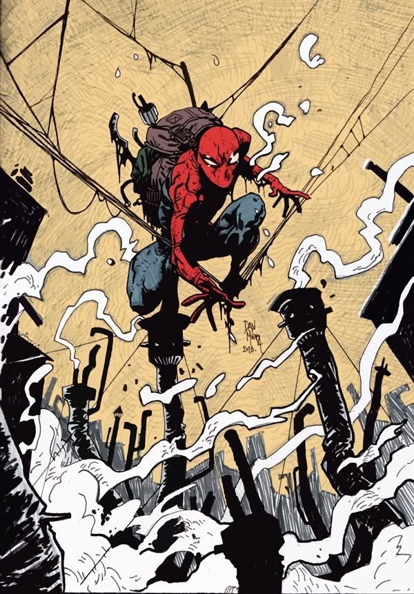 this is a comic book illustration of spiderman in action. he is in midair, swinging through the city. he is wearing his classic red and blue suit, and his mask is pulled down, revealing his eyes. he is using his web shooters to propel himself through the air. the background is a cityscape, with tall buildings and smoke billowing from the chimneys. the illustration is dynamic and energetic, capturing the speed and power of spiderman. the colors are vibrant and bold, and the lines are crisp and detailed. the overall effect is one of excitement and adventure.
