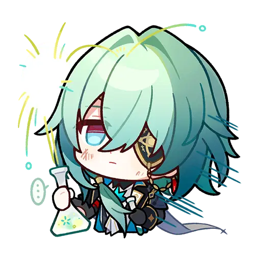 the image is a chibistyle cartoon drawing of sucrose from the video game genshin impact. she has green hair and is holding a flask, possibly conducting an experiment. the style is reminiscent of anime or manga.