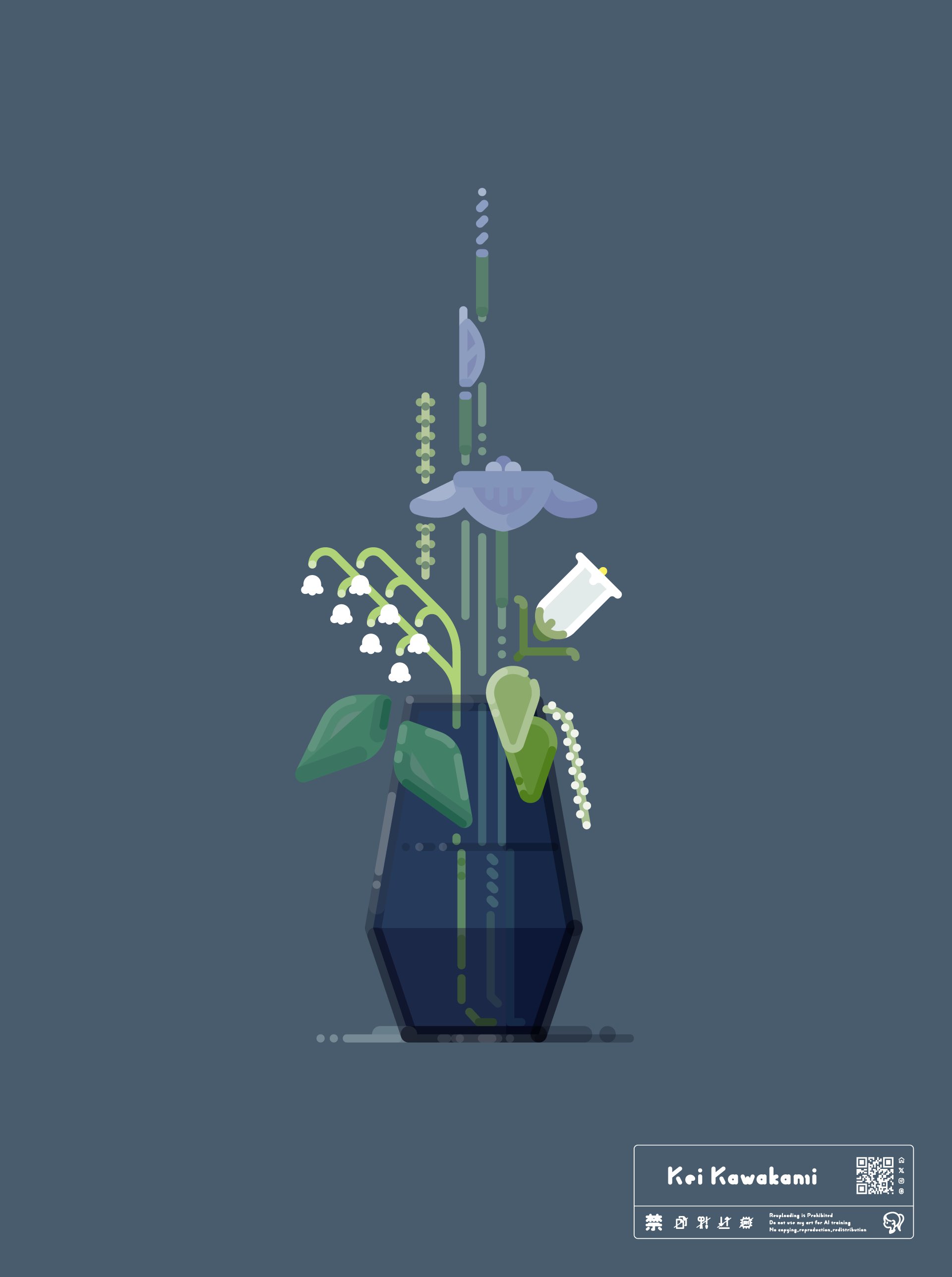 a flat design illustration features a vase filled with various flowers against a dark blue background. the vase is dark blue with angular edges. the flowers include lily of the valley with white bellshaped blooms and green leaves, a light blue poppylike flower, and a single white bell flower. there are other stylized green floral elements. at the bottom right, a box contains the name "kei kawakami", some japanese characters, a small text block, and a qr code.