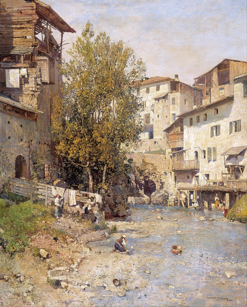 the painting depicts a village scene with a river flowing through it. people are engaged in various activities, including doing laundry near the riverbank. buildings and houses line the river, and trees add to the natural setting. the artwork captures a sense of everyday life in the village.