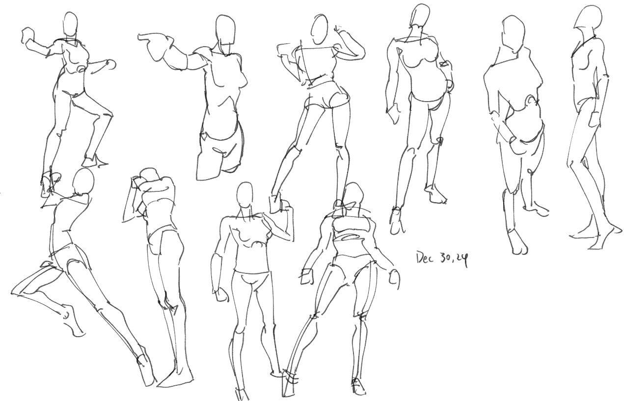 he image contains a collection of quick figure drawings, likely done as a gesture drawing exercise.  the drawings are done in ink, showing only lines and minimal detail, focusing on capturing the movement and pose of the figures.  multiple figures are depicted in various actions and poses, some seemingly athletic or in motion. the style is loose and expressive.  a date, "dec 30, 24," is written in the bottom right corner.