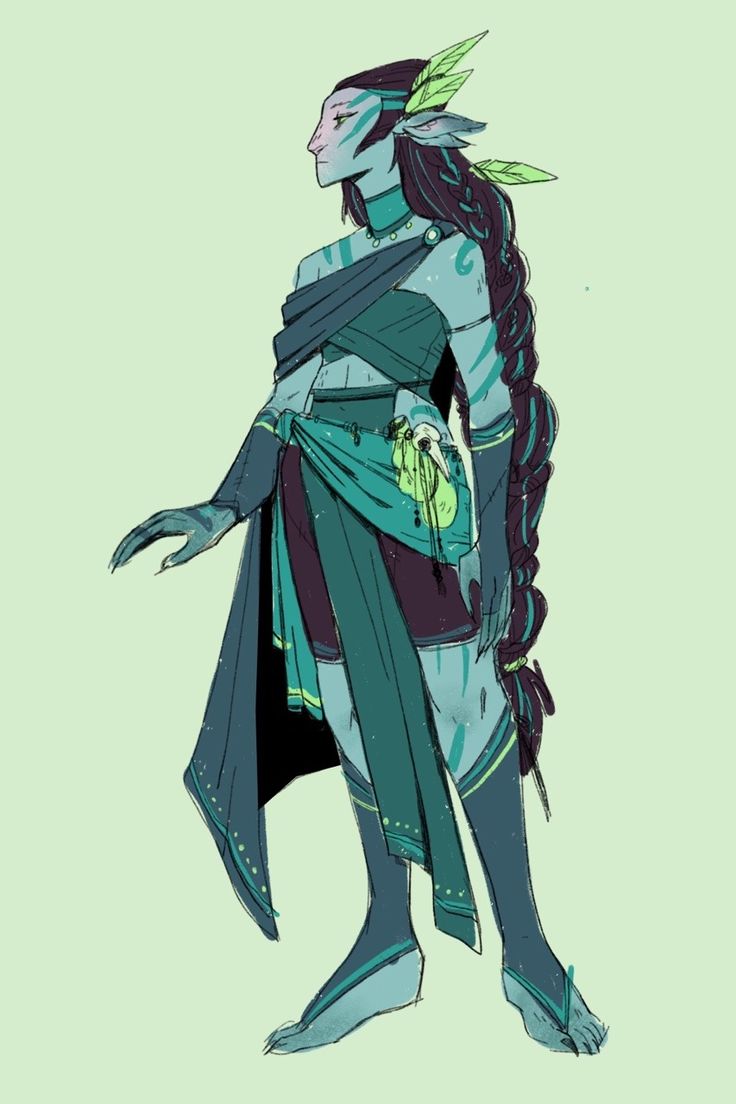 a digital drawing of a female fantasy character with blue green skin, an elaborate braid adorned with feathers, and a flowing robe. she is holding a sword in one hand, and her stance suggests she is ready for battle.