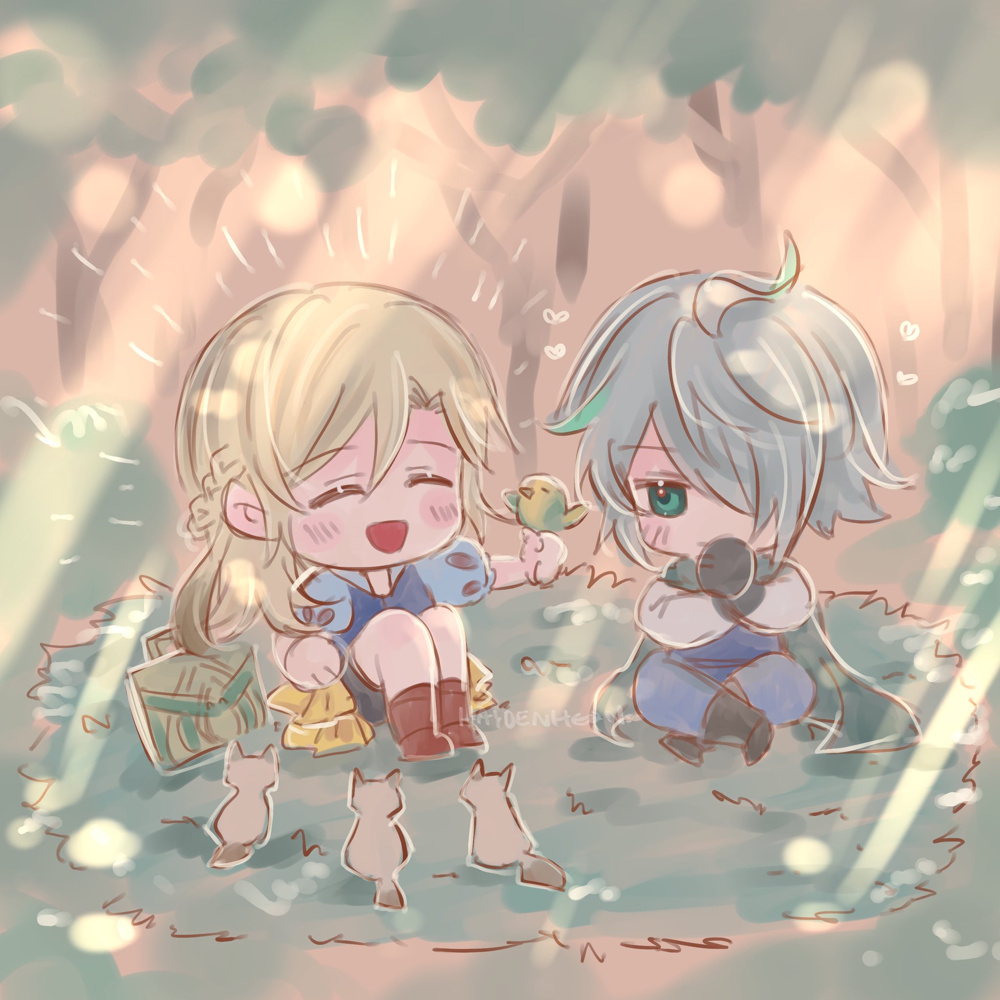 the image is a digital illustration of two anime characters in chibi style. the girl has blonde hair and a blue dress and is holding a small bird in her hand. the boy has silver hair and a blue and purple outfit and is looking at the bird with a serious expression. they are both sitting in a clearing in a forest with green grass and trees. the image is set against a background of white light. the image is adorable and whimsical and gives off a happy and friendly vibe.