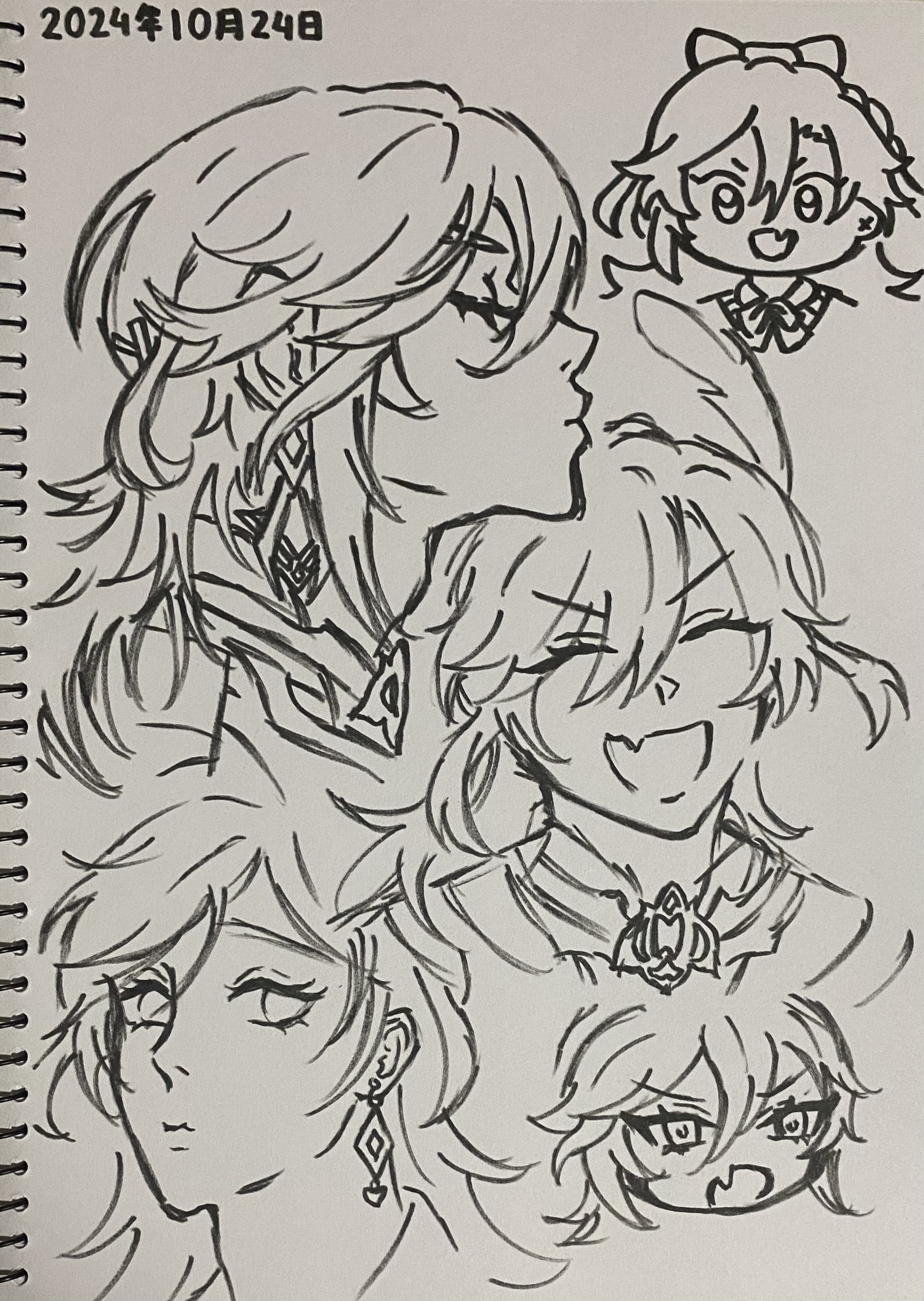 he image contains a sketchbook page filled with multiple sketches of animestyle female characters.  the style is loose and expressive, with varying facial expressions and hairstyles.  some characters are drawn in profile, others facing forward.  the drawings are done in black ink on white paper, giving a handdrawn feel. there's a date written in the top left corner, "2024年10月24日".  the characters wear simple accessories such as earrings and necklaces.  one character is noticeably smaller and chibilike. the overall impression is a collection of character studies or quick sketches.