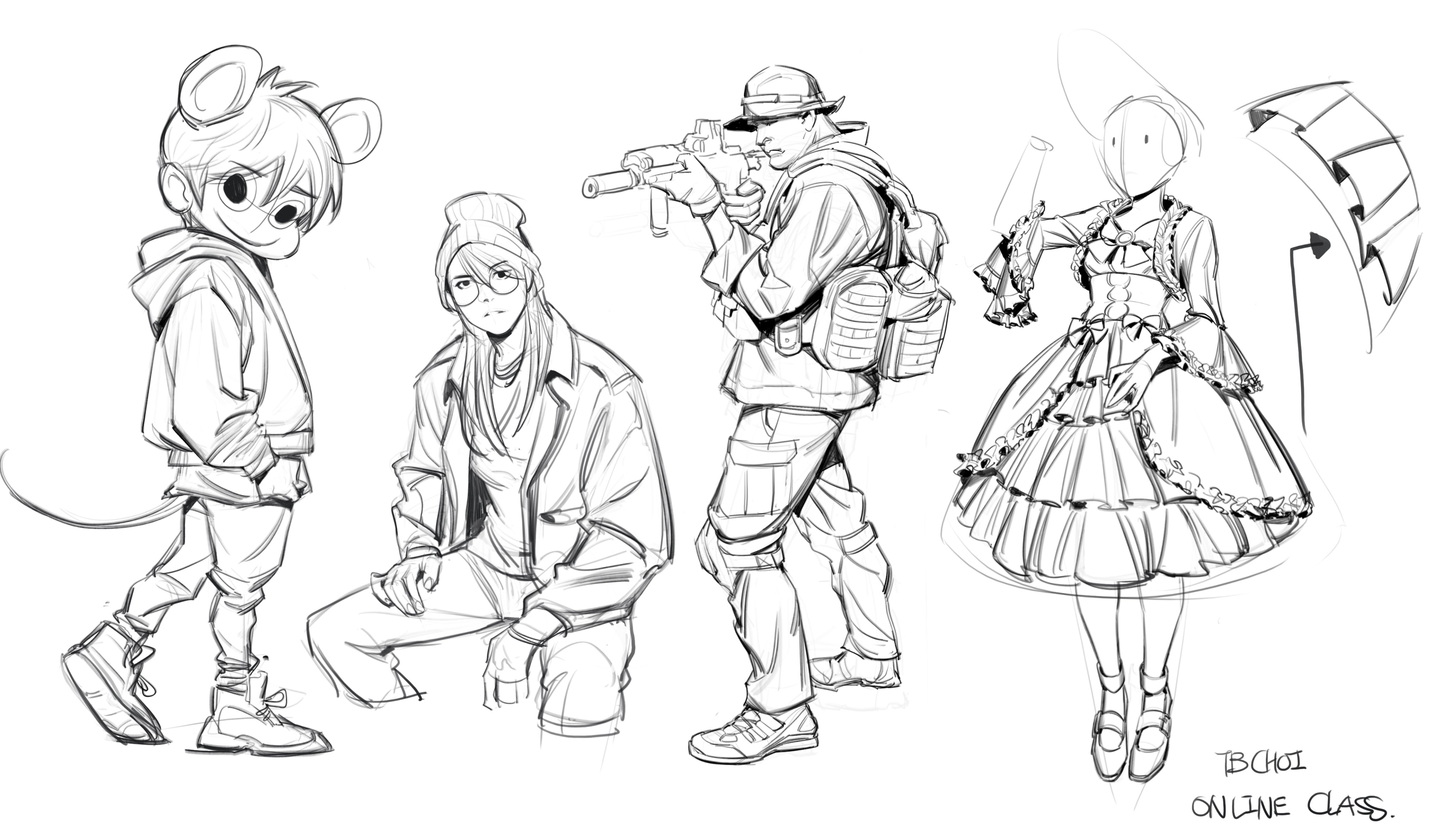 the image shows a collection of five character sketches, done in a loose, expressive style.  they are presented as individual character designs with varied poses and clothing styles.  the characters include: a mouselike character in a hoodie, a young woman in streetwear, a soldier with tactical gear and a rifle, a young woman in a lolitastyle dress, and a more simplified female figure.  the sketches are all in black and white ink, with varying line weight and texture. the artist's signature "tb choi online class" is in the bottom right corner, indicating the artwork is likely from a digital art class.