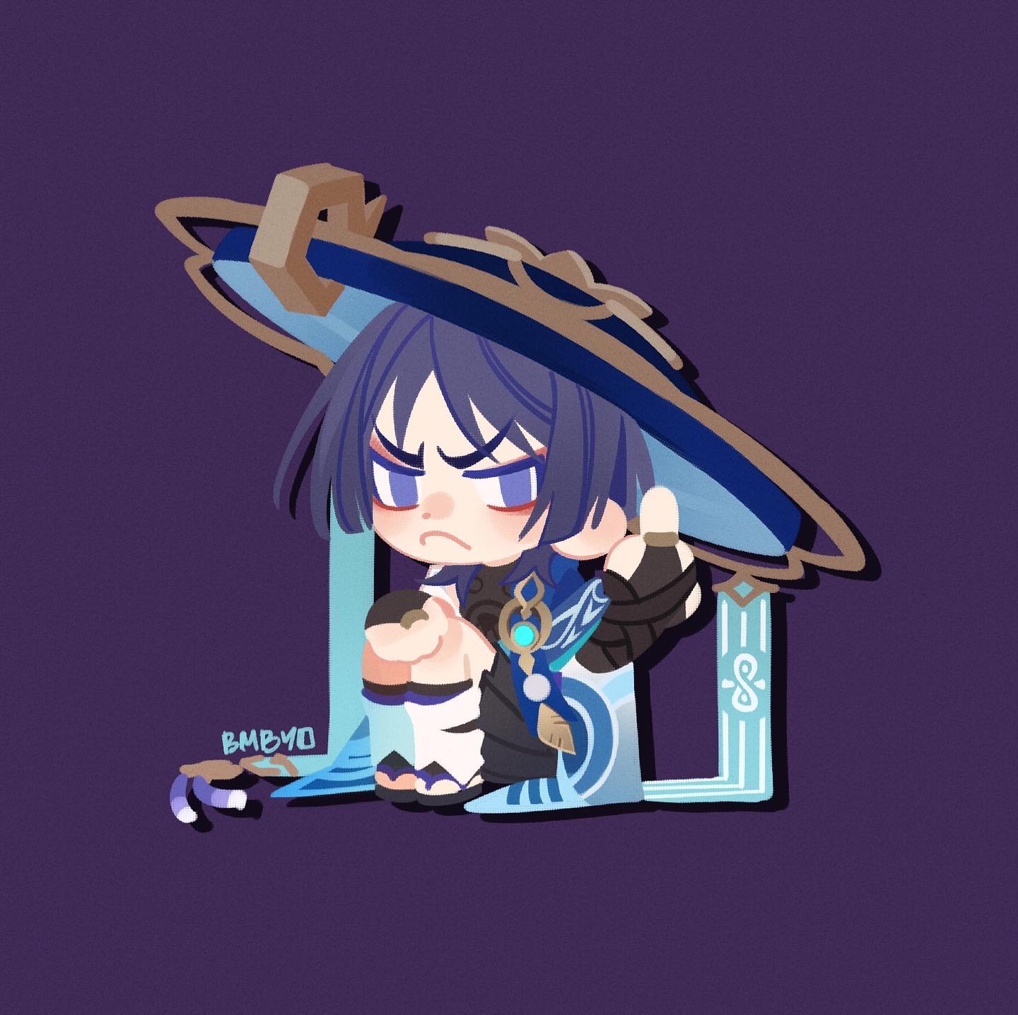 the image is a piece of fanart depicting sangonomiya kokomi from genshin impact in a chibi style.  she's drawn with exaggerated features, sitting with an angry or frustrated expression. kokomi is wearing her signature outfit with a large, ornate hat. the art style is cute and slightly cartoonish, and the background is a solid purple. the overall style is reminiscent of anime and manga. the chibi kokomi is positioned within a stylized, light blue frame.