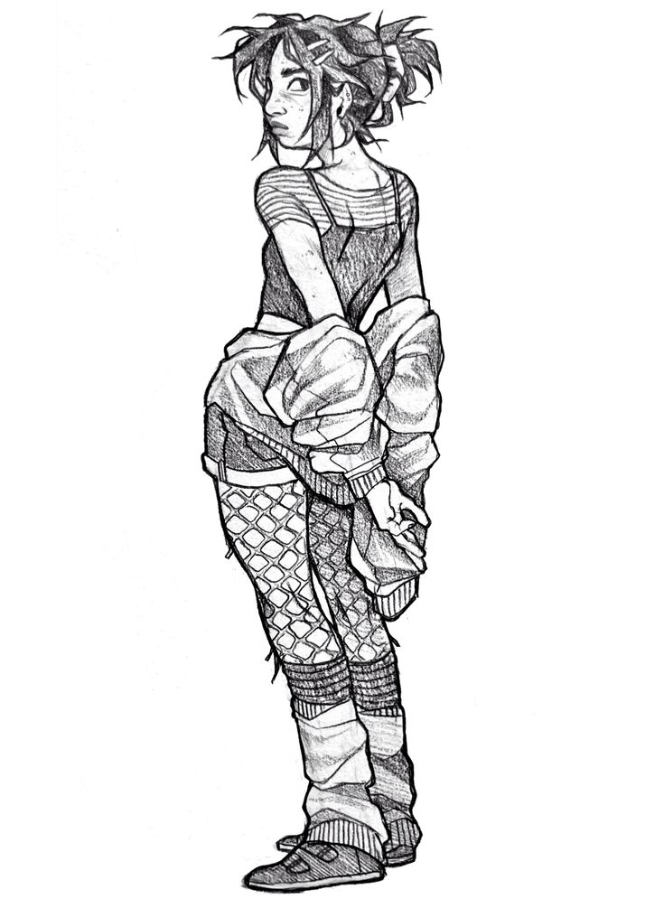 this is a pencil drawing of a stylish young woman. she is wearing a black tank top, a striped shirt underneath, a jacket, fishnet tights, and sneakers. her hair is pulled back in a ponytail, and she has a slightly serious expression on her face. she is standing with her left foot slightly forward, and her jacket is draped over her shoulder. the drawing is detailed and realistic, with a focus on the woman's clothing and pose. the overall style of the drawing is grunge and alternative.