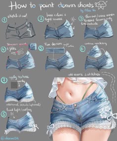 this is a step by step tutorial on how to paint denim shorts. it shows a sketch of a pair of denim shorts, followed by how to add base colors and light source. the next steps include adding denim texture, how to add seams and stitches and finally how to add detail and highlights. the last image shows a finished drawing of denim shorts.