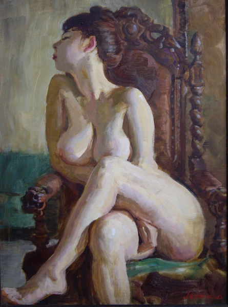 the image shows an oil painting of a nude female figure seated in a carved wooden chair. the woman's pose is relaxed, with her legs crossed and her arms loosely around her body. her hair is pulled up into an updo. the painting style is realistic with visible brushstrokes. the background is muted and the focus is on the figure. the overall impression is of classical beauty and sensuality.