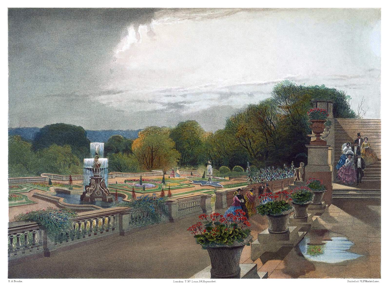 a 19thcentury illustration depicts a formal garden with fountains, flowerbeds, and walking paths. elegantly dressed people stroll through the garden and ascend a staircase lined with flowerpots and decorative urns. the landscape includes trees and a cloudy sky.