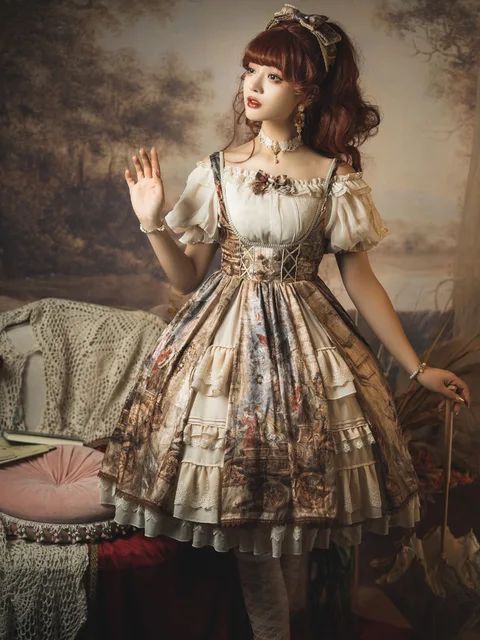 a young woman poses in an elaborately detailed, vintageinspired dress. the dress features a floral print in earthy tones with lace trim and a layered skirt. she has long brown hair adorned with a headband and is posing against an evocative painted backdrop. her pose and the style of the dress evoke a sense of romanticism and elegance.  the lighting is soft and diffused, enhancing the dreamlike quality of the image.