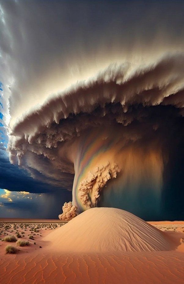 a massive storm cloud hovers over a desert landscape, casting a dramatic shadow over a sand dune. rain falls from the cloud, creating a dust devil that swirls upwards, with a rainbow arcing through the swirling sand. the scene is one of aweinspiring natural beauty and power.