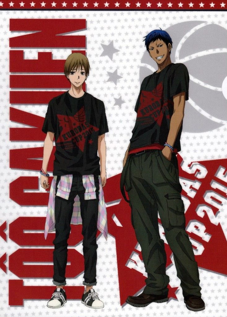 this image is promotional art from the anime series kuroko's basketball. it features two main characters, kuroko tetsuya and aomine daiki, dressed in casual clothing.  they are standing against a backdrop of red and white with stars and a basketballrelated graphic.  the text "tournament" is prominently featured, along with "cup 2015".  the art style is consistent with the anime's depiction of the characters.