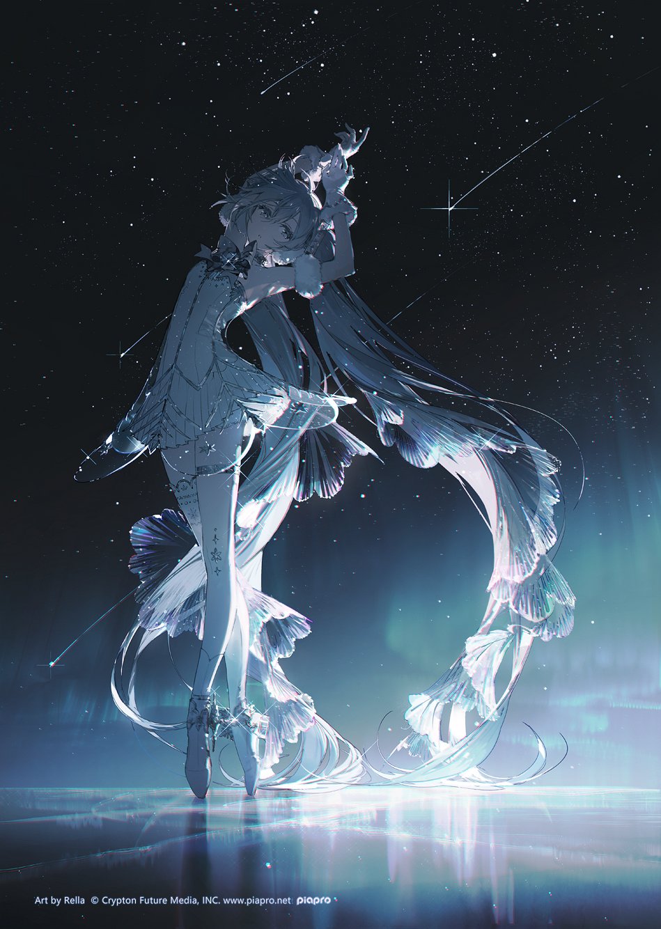 an animestyle illustration features a ballerina in a light blue and white dress and pointe shoes, set against a backdrop of a starry night sky with shooting stars. the artwork is credited to rella and crypton future media, and includes the website www.piapro.net and the piapro logo. the girl has long, flowing hair and strikes a graceful pose.
