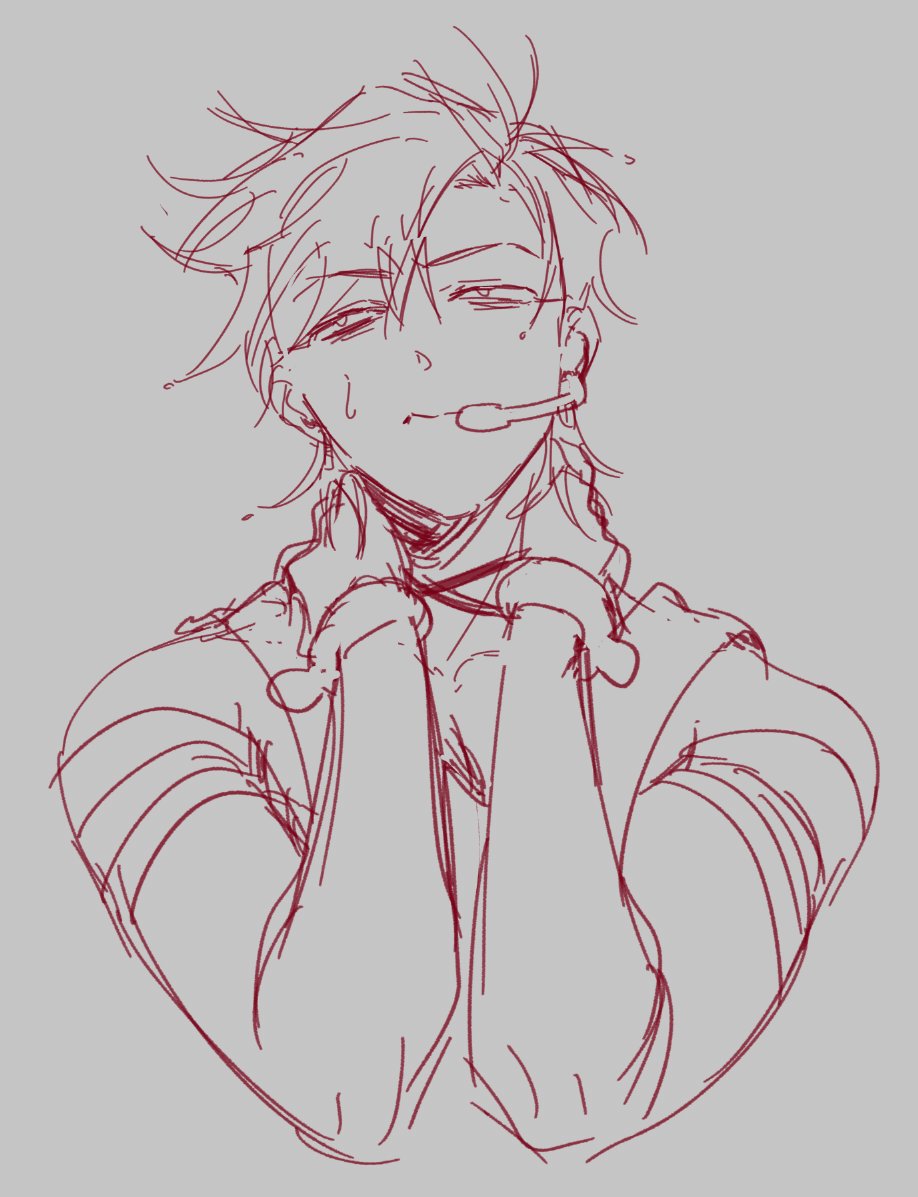 a line art drawing of an anime character, a young male with spiky hair, wearing a headset and casual attire. the character has a smirk on their face, looking slightly to the side. the drawing is made with red lines on a grey background. it appears to be a sketch or early stage illustration.