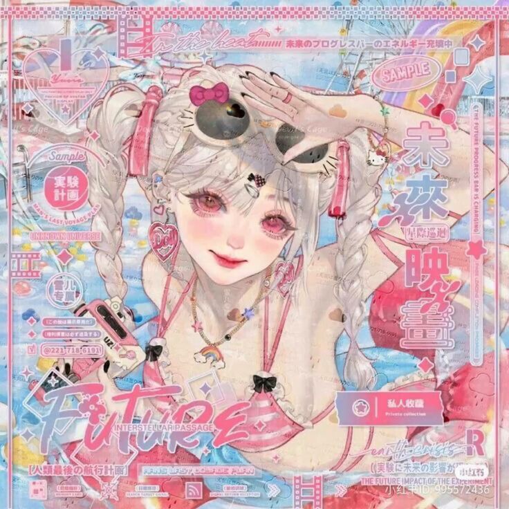 the image is an anime style illustration. the central figure in the image is a cute anime girl with long white hair. she is wearing a pink and white swimsuit, and her hair is styled in two braids. the girl's eyes are wide open and she has a pink blush on her cheeks. the background of the image is a bright pink, and the girl is surrounded by various pink and white flowers.  a lot of japanese text is on the image and the bottom of the picture says, "interstellar passage", "future", and "the future impact of the experiment" in english. the entire image evokes a summery, fantasylike feel.