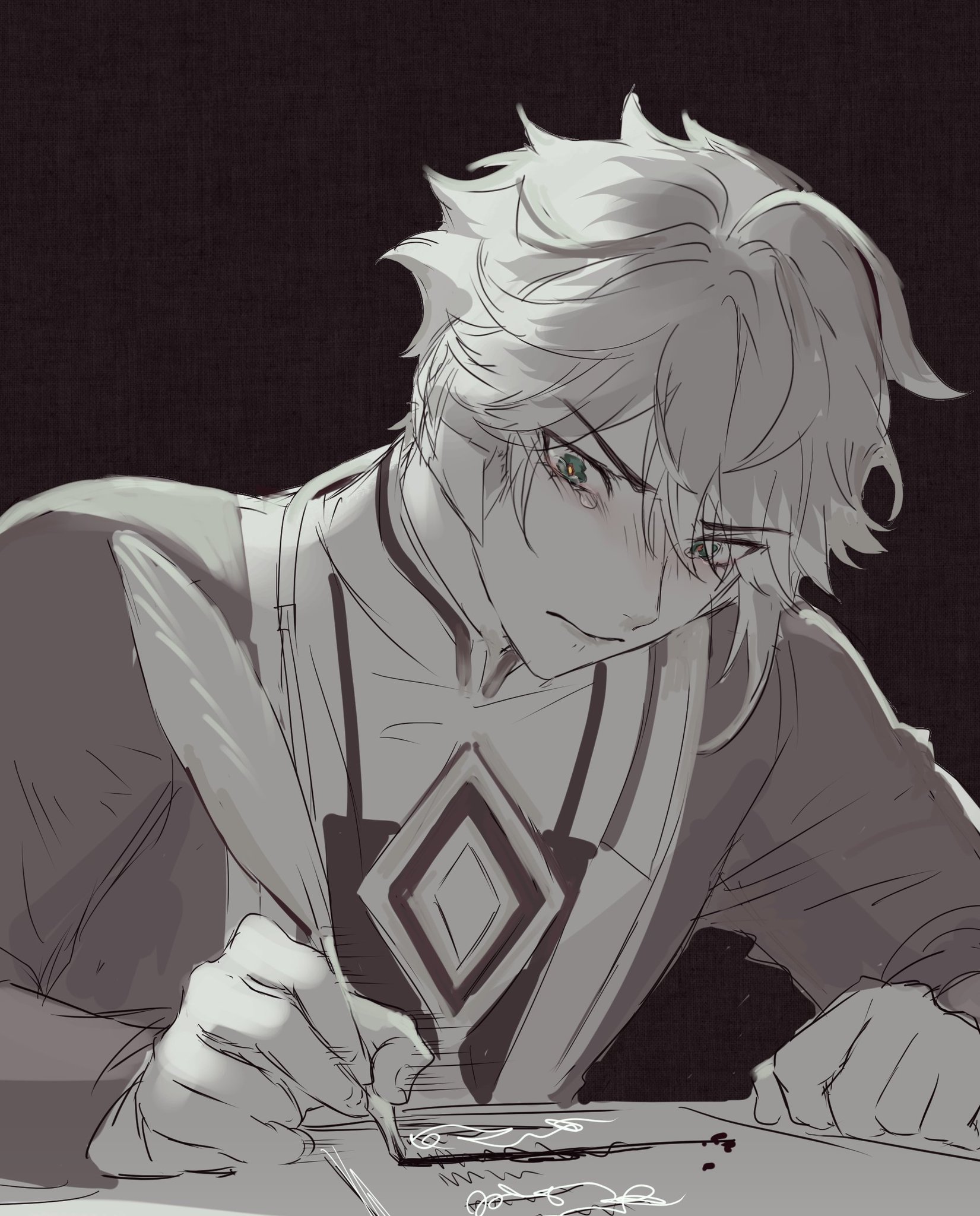 a closeup, grayscale illustration of an anime boy with white hair and green eyes sitting at a desk, writing with a quill pen. he looks sad and heartbroken, as if he's writing a letter to someone he loves. the image is very detailed and the artist has captured the emotion of the moment perfectly.