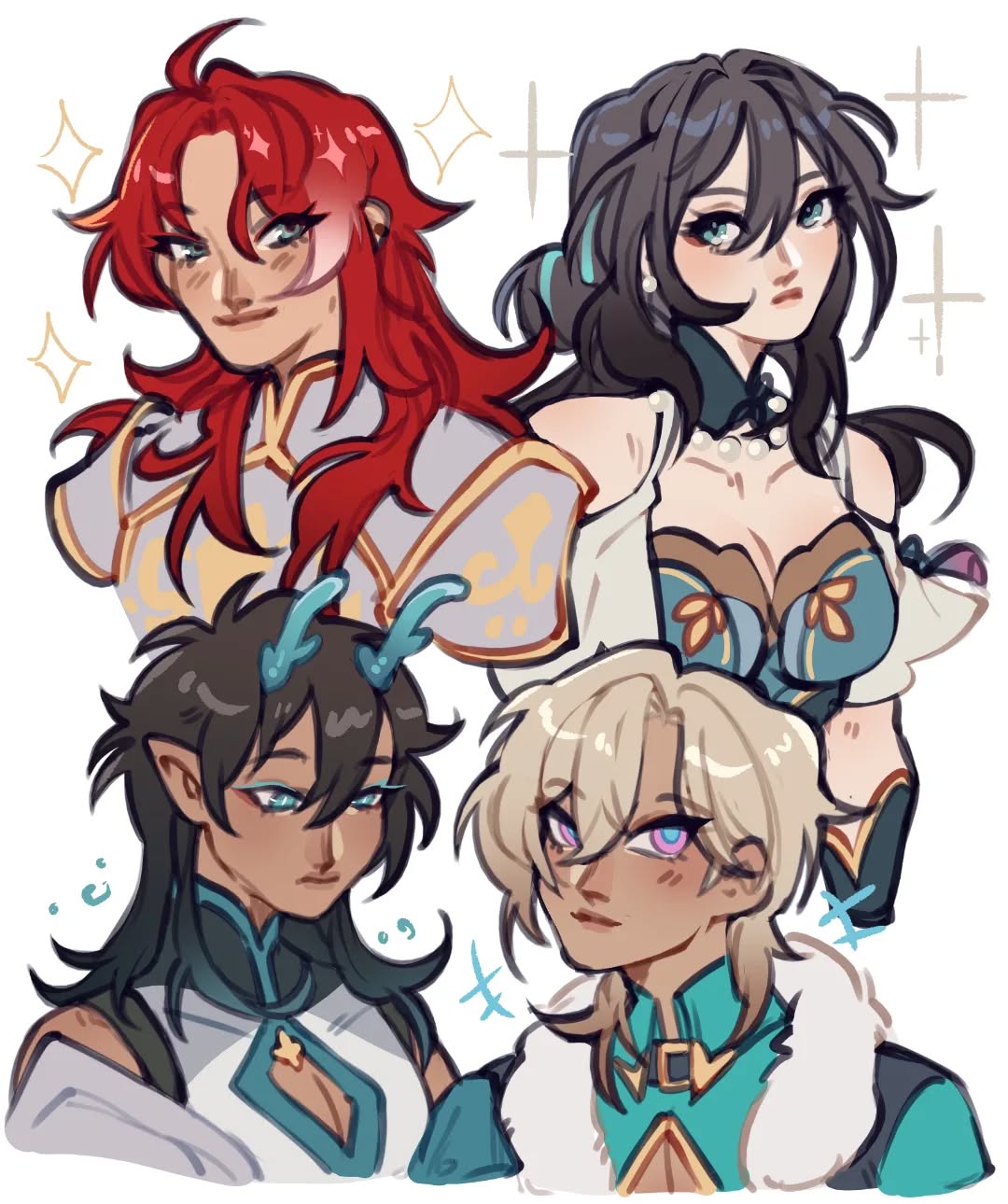 his is a vibrant digital fanart illustration featuring four stylized animeesque characters. the characters appear to be inspired by the genshin impact game, showcasing a distinctive art style. three are female and one male.  each character has a unique design, including different hair colors and outfits, with rich details in clothing and accessories. the background is simple white with added sparkles around some characters, emphasizing the characters themselves. the overall mood is lighthearted and charming.