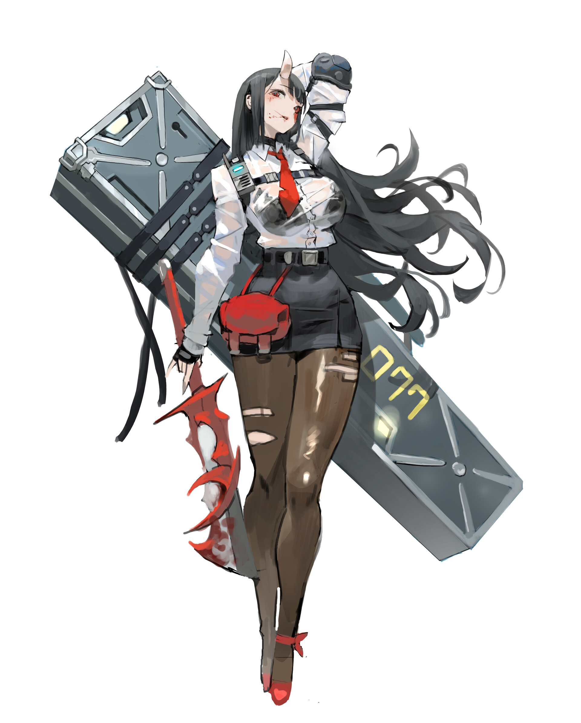 the image shows an anime girl with horns holding a sword, wearing an office attire, red heels, and a bag. she also has a boxlike object on her back and the number "777" written on it. she is wearing gloves, leggings and has a tie on with scars visible on her face and legs.