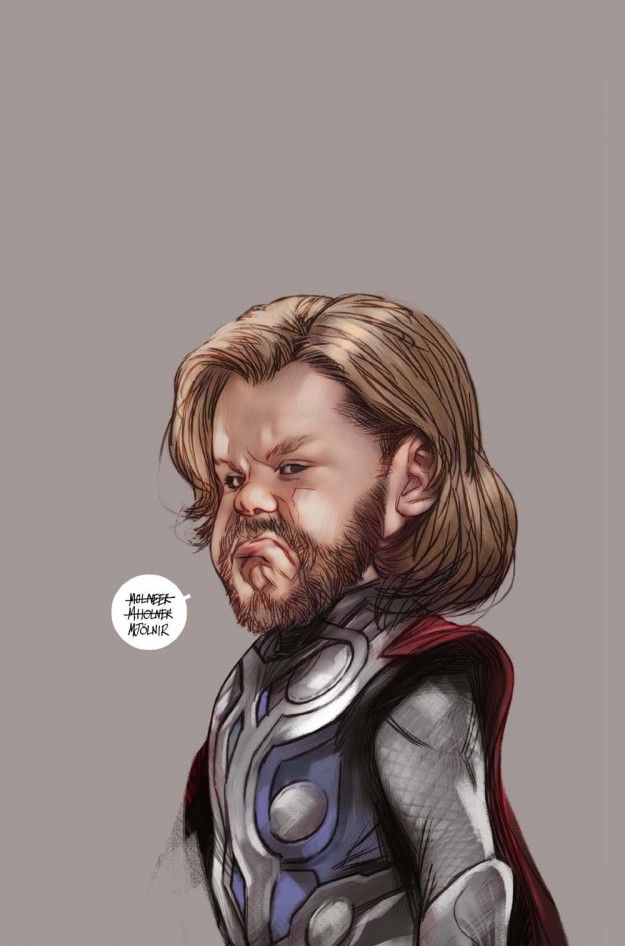 a caricature of thor from marvel comics. he is depicted with a baby face but with thor's signature blonde hair, beard, and armor. a speech bubble near him contains a gibberish word possibly related to "mjolnir".