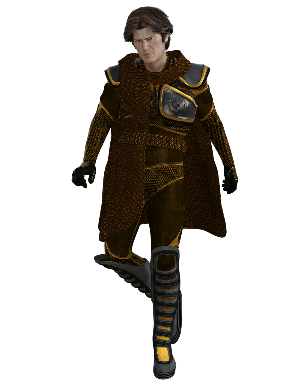 a digital art image of a man in futuristic armor with a cape. the armor is brown with yellow accents and includes a cape. he is wearing boots that have a futuristic design. the portrait is set against a black background.